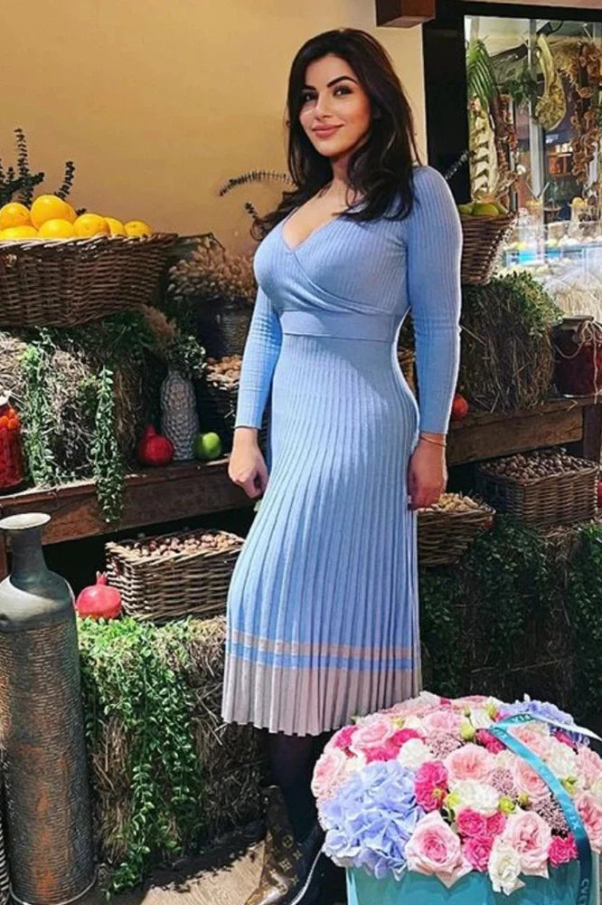 V-Neck Knitted A-Line Patchwork Midi Dress