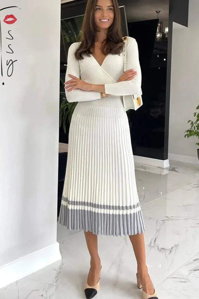 V-Neck Knitted A-Line Patchwork Midi Dress