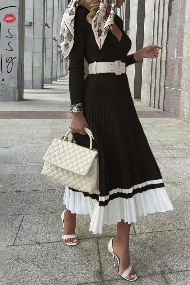 V-Neck Knitted A-Line Patchwork Midi Dress
