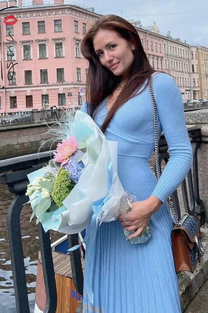 V-Neck Knitted A-Line Patchwork Midi Dress