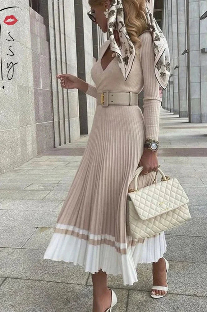 V-Neck Knitted A-Line Patchwork Midi Dress