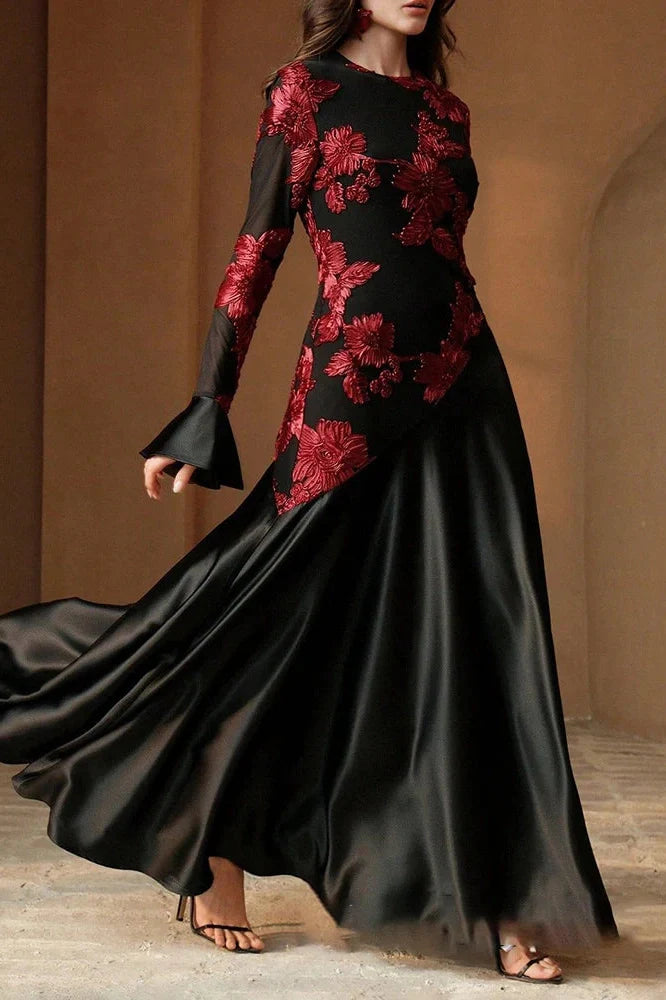 Elegant High Waist O-Neck Flare Sleeve Pleated Maxi Dress