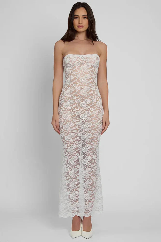 Lace See Through Off-shoulder Strapless Sleeveless Midi Dress