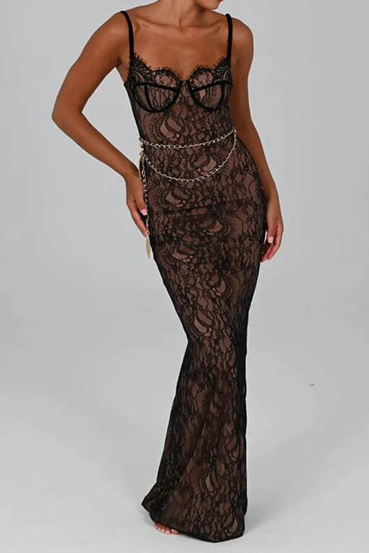 Elegant V Neck Sleeveless Lace Slim Maxi Dress