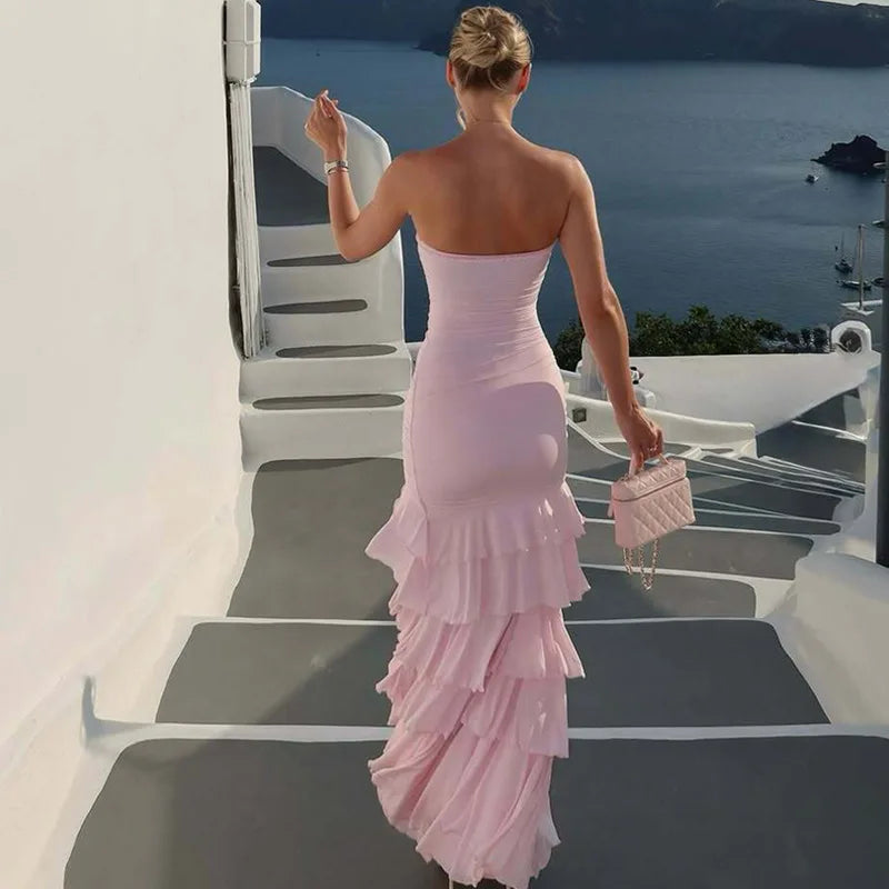 Strapless Off Shoulder Pleated Patchwork Maxi Dress