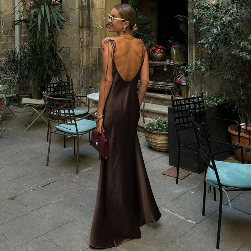 Spaghetti Strap Backless Lace Up Slim Maxi Dress