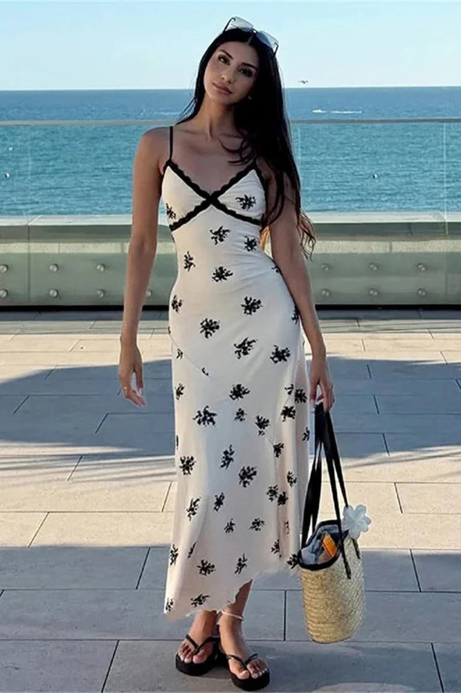 Printed Lace Patchwork High Waist Slim V-Neck Midi Dress
