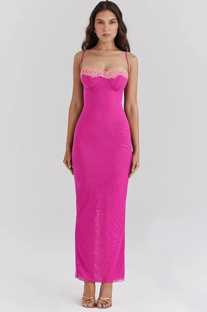 Lace Spaghetti Strap Patchwork Sleeveless Bodycon Maxi Dress