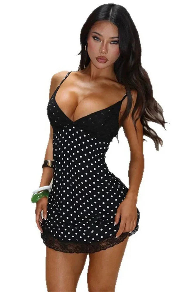 Lace Patchwork V-Neck High Waist Mini Dress