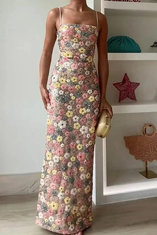 Floral Printed Spaghetti Strap Slim Sleeveless Maxi Dress