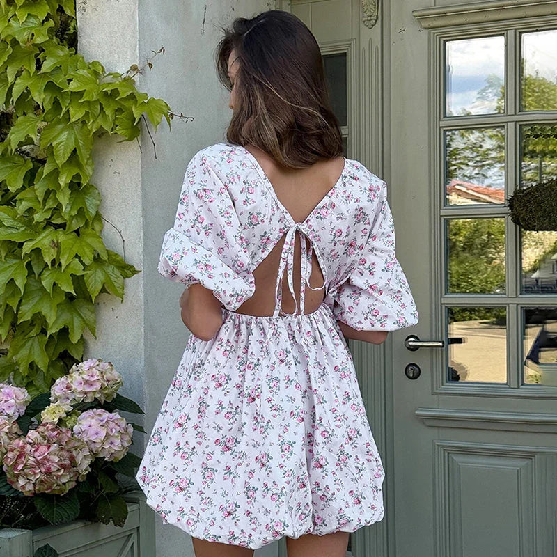 Printed Deep V-Neck Puff Sleeve Lace-Up Mini Dress