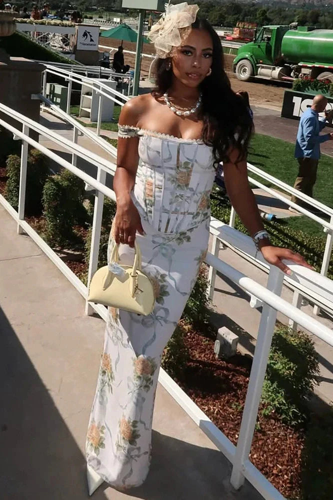 Printed Off-Shoulder Sleeveless Backless Bodycon Maxi Dress