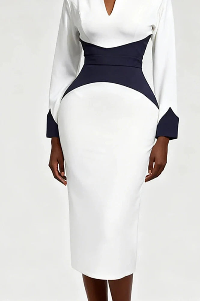Elegant Long Sleeve Bodycon Deep V-Neck Slim Midi Dress