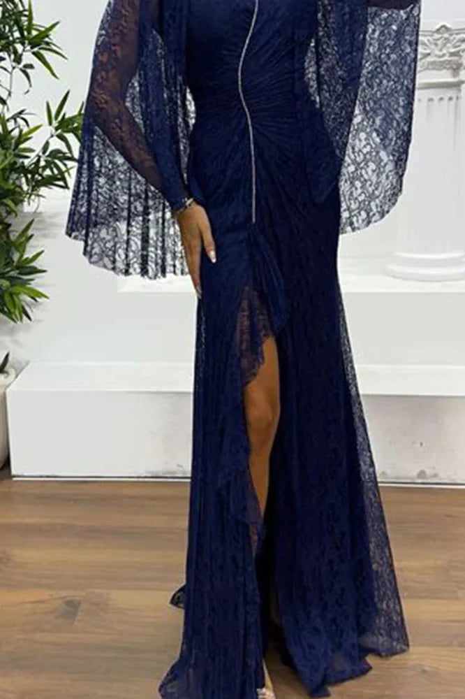 Hollow Lace Embroidery V-Neck Slim Split High Waist Maxi Dress