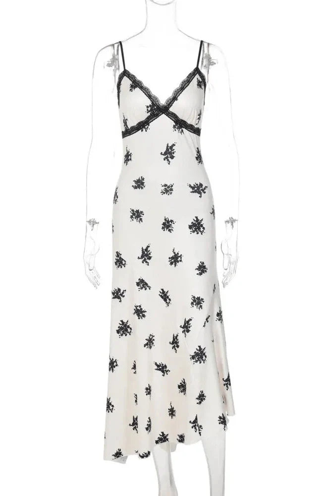 Lace Printed Backless Spaghetti Strap V Neck Sleeveless Bodycon Midi Dress