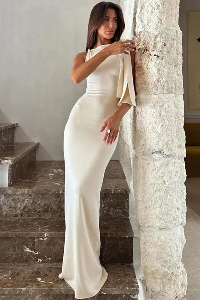 Diagonal Collar Off-shoulder Sleeveless Maxi Dress