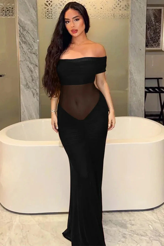 Off-Shoulder Backless Strapless Sleeveless See Through Maxi Dress