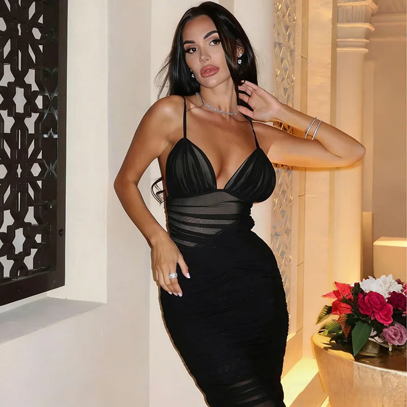 Patchwork V-Neck See Through Backless Maxi Dress