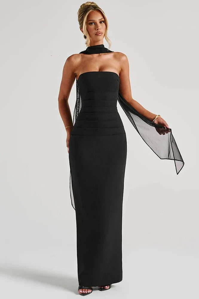 Scarf Collar Strapless Off-Shoulder Backless Bodycon Maxi Dress