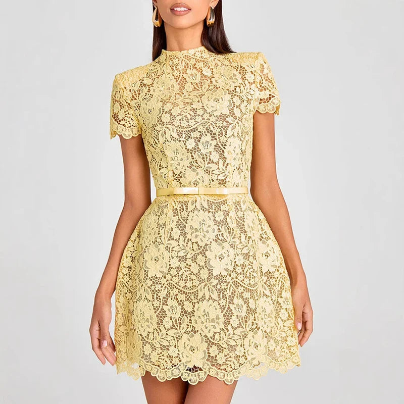 Lace O-Neck Short Sleeve Printed Slim Mini Dress
