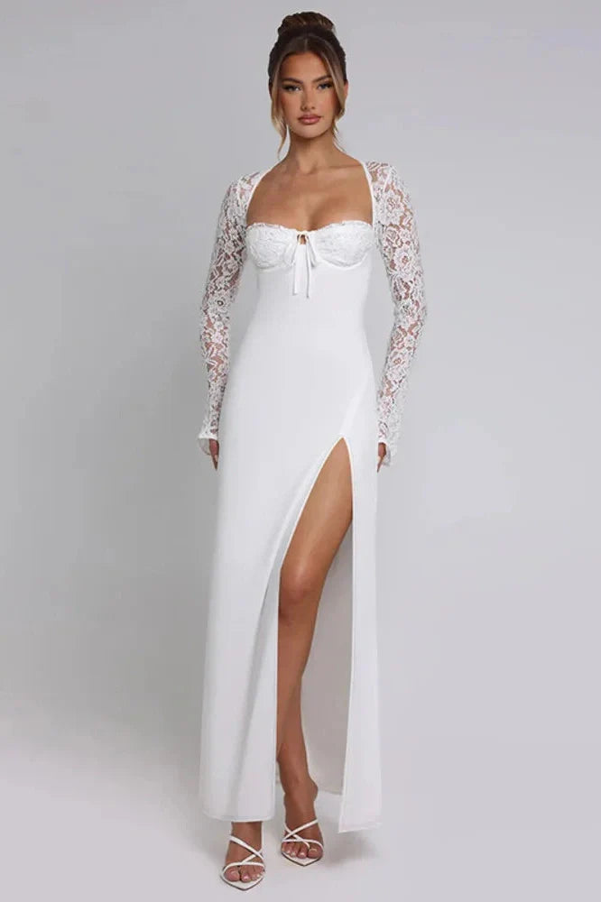 Lace Long Sleeve Square Collar Backless Maxi Dress