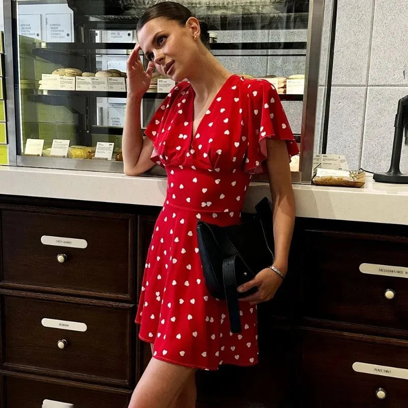 Print V-Neck High Waist Mini Dress