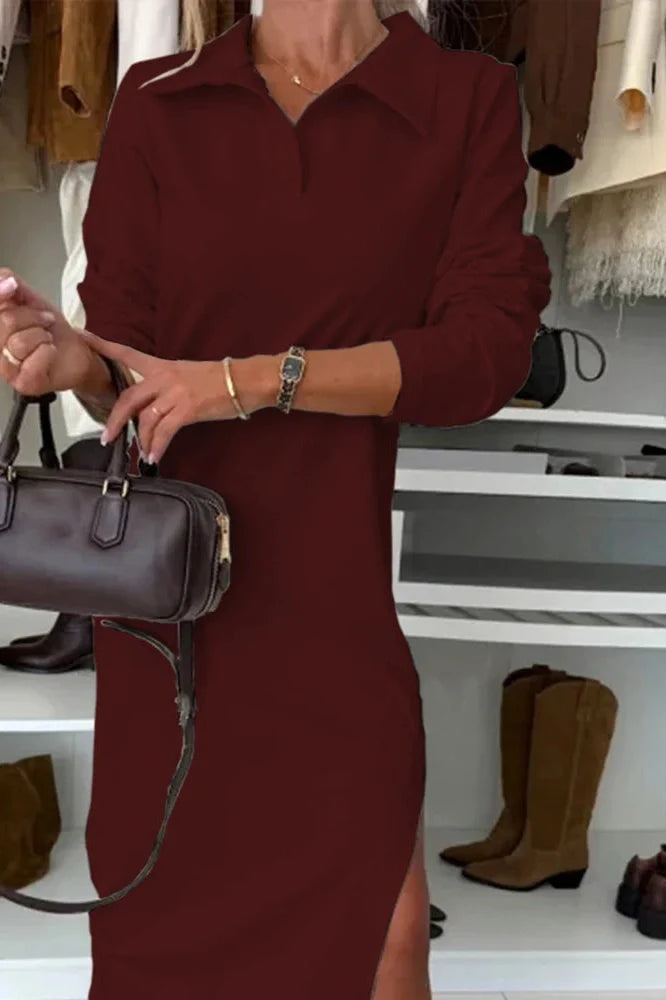 Elegant High Waist Loose A-Line Long Sleeve Midi Dress