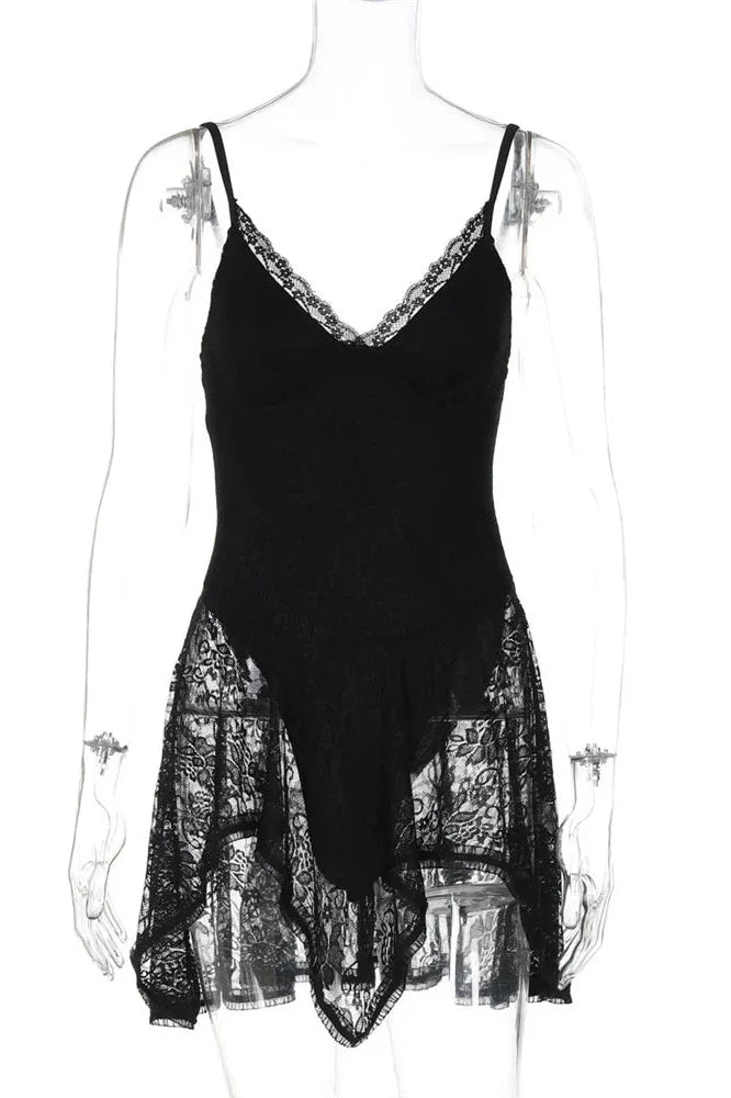 Hollow Out Lace V-Neck Patchwork Bodycon Mini Dress