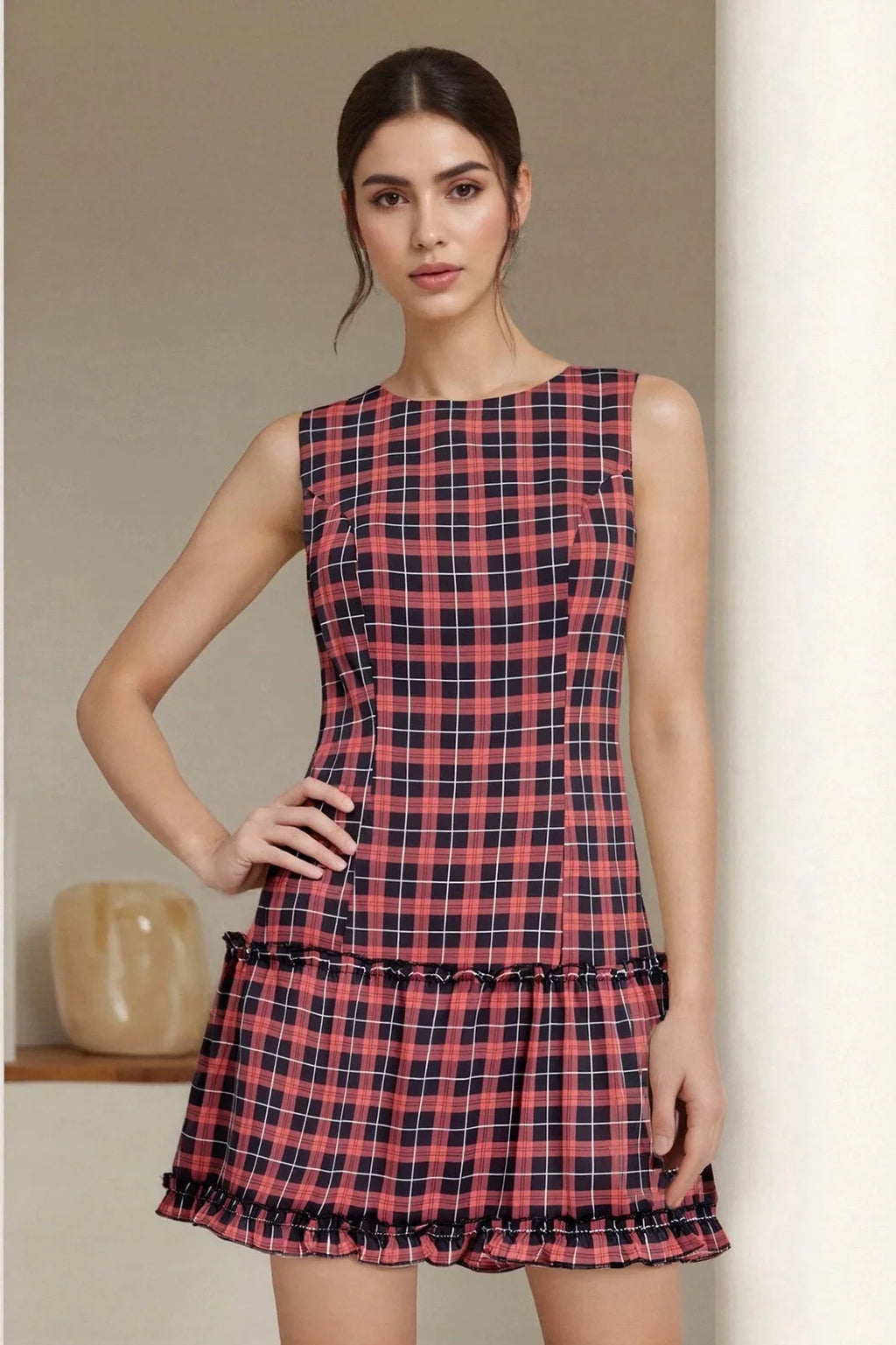 Plaid Printed Round Neck Sleeveless Mini Dress