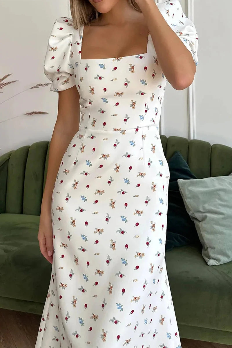 Short Sleeve Floral Print A-Line Midi Dress