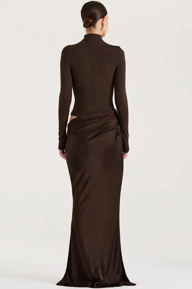 Hollow Out Long Sleeve Turtleneck Bodycon Maxi Dress