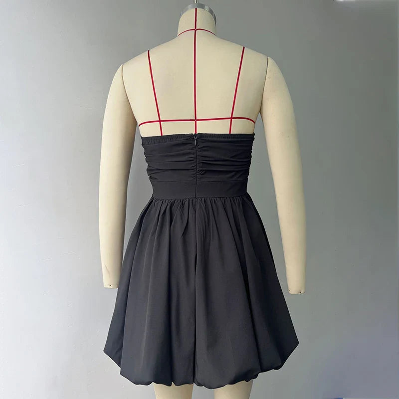 Pleated Strapless High Waist A-Line Mini Dress