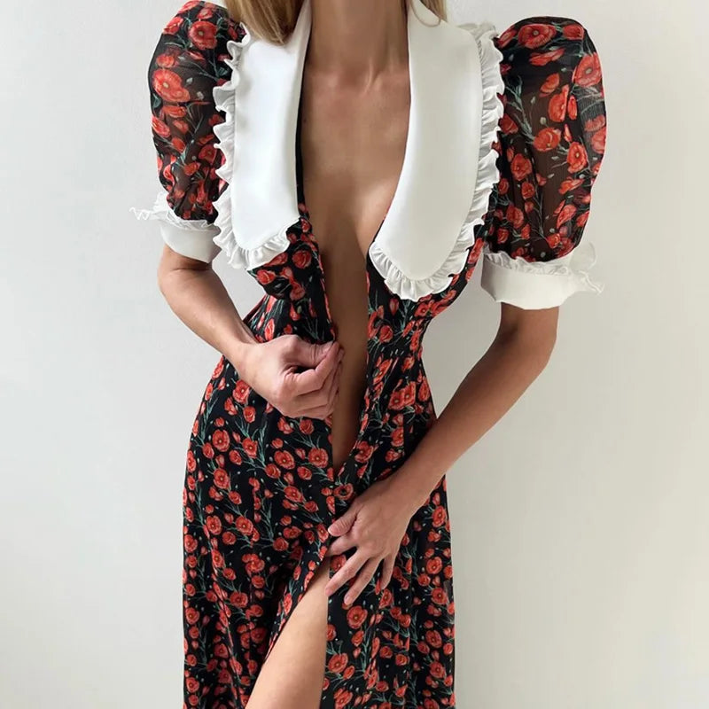 V Neck Printed Split High Waist Maxi Dress