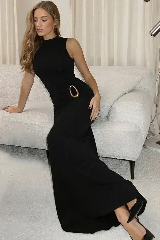 Elegant Backless Slim Sleeveless High Waist Round Neck Maxi Dress