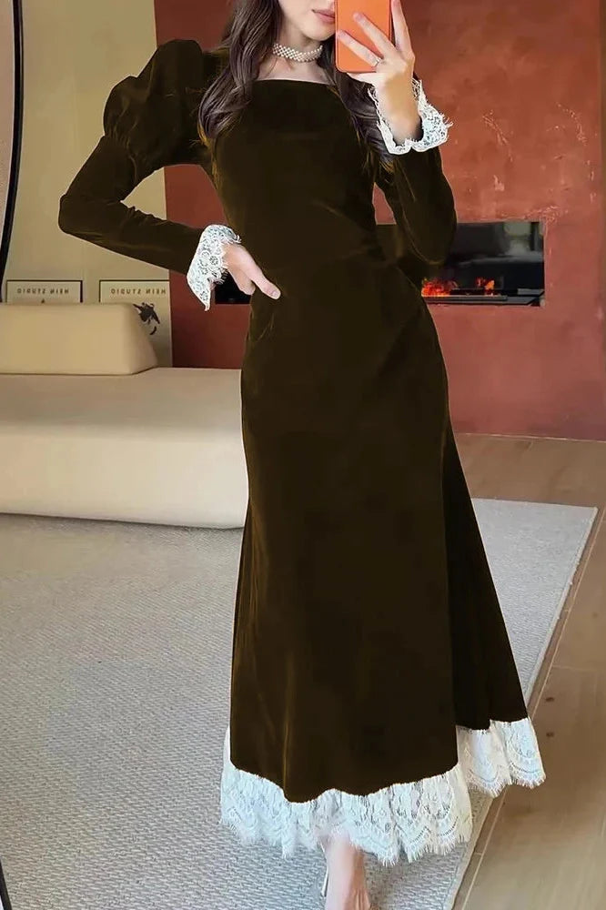 Elegant Long Sleeve High Waist Lace Maxi Dress