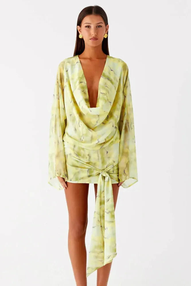 Tie Dye Print Long Sleeve Deep V Neck Mini Dress