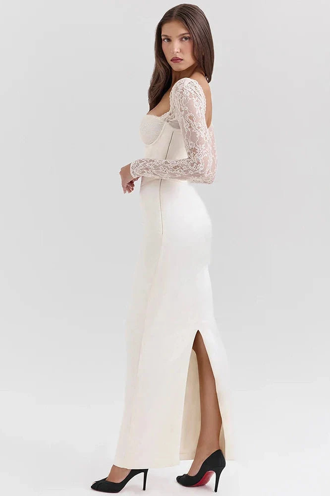 Lace Long Sleeve Square Collar Backless Maxi Dress