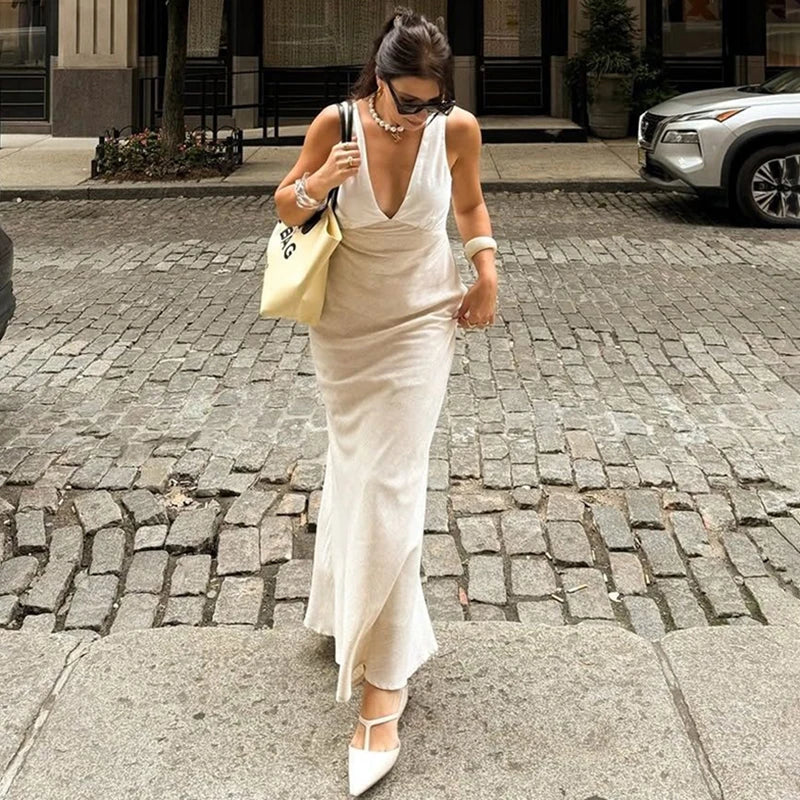V Neck Sleeveless Lace Up High Waist Maxi Dress