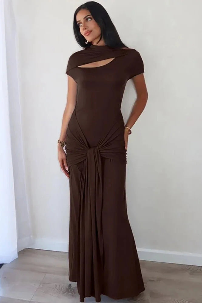Hollow Out Short Sleeve Turtleneck Bodycon Maxi Dress