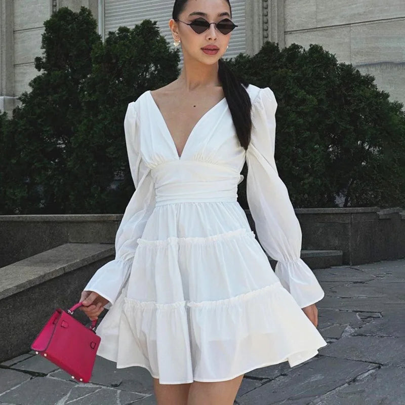 V Neck Lace Up High Waist A-Line Long Sleeve Mini Dress