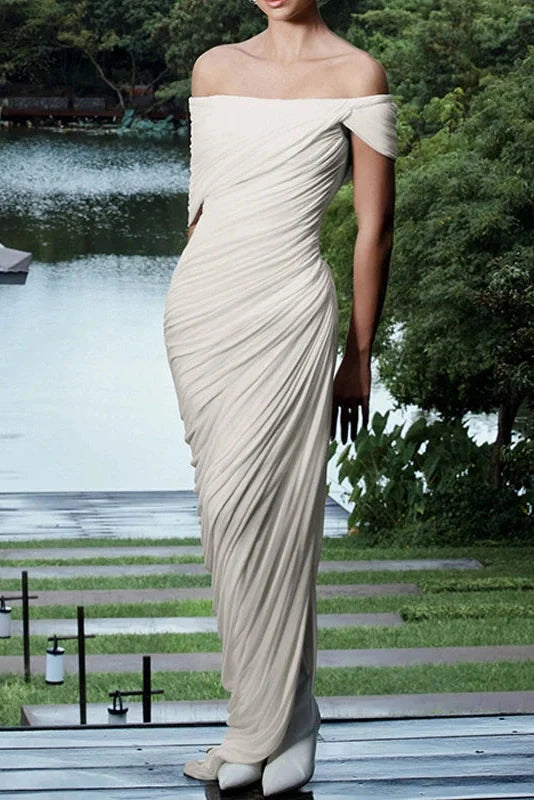 Pleated Off-Shoulder Slim Maxi Dress
