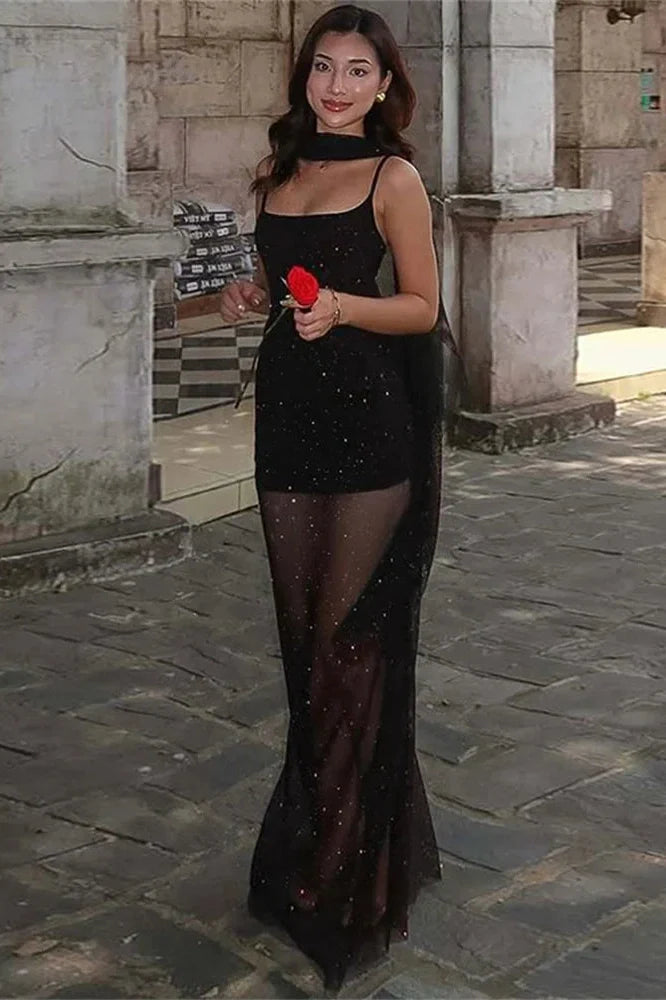 Lace-Up See-Through Backless Slim Bodycon Maxi Dress