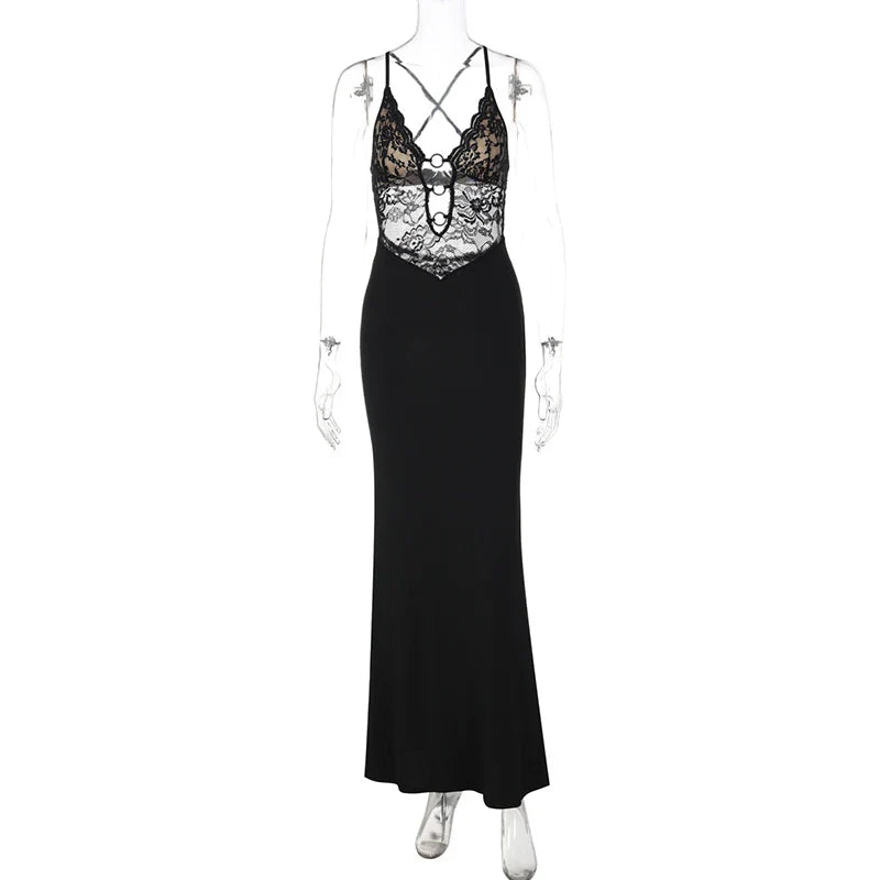 Hollow Spaghetti Strap Lace Slim Maxi Dress