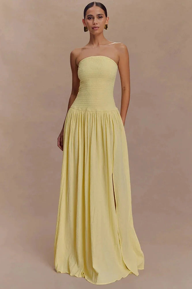 Off-Shoulder Strapless Sleeveless Backless High Split Pleated Maxi Dress