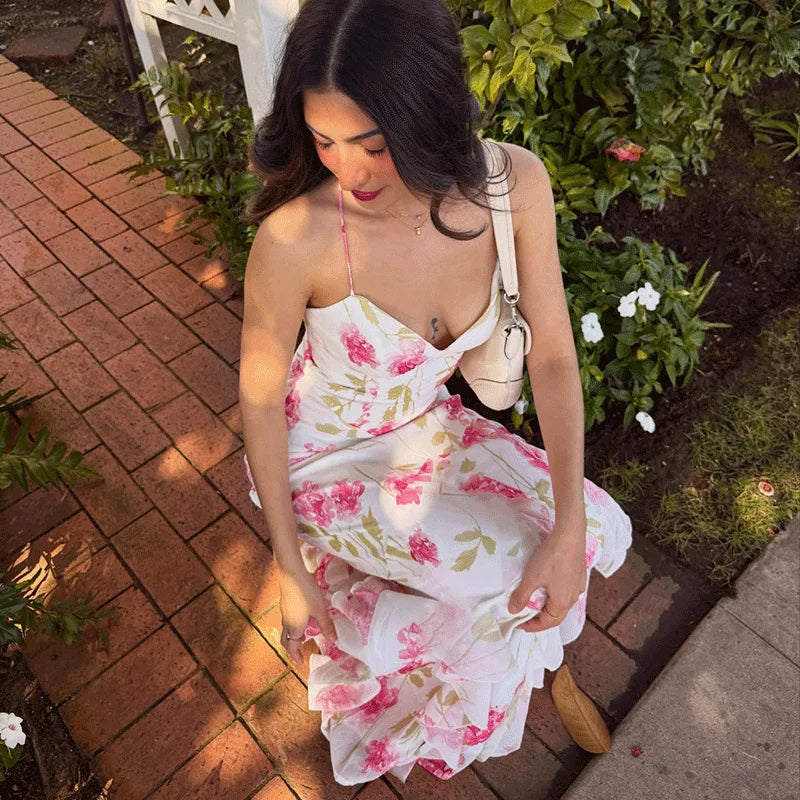 Printed Lace-Up Backless Patchwork Maxi Dress