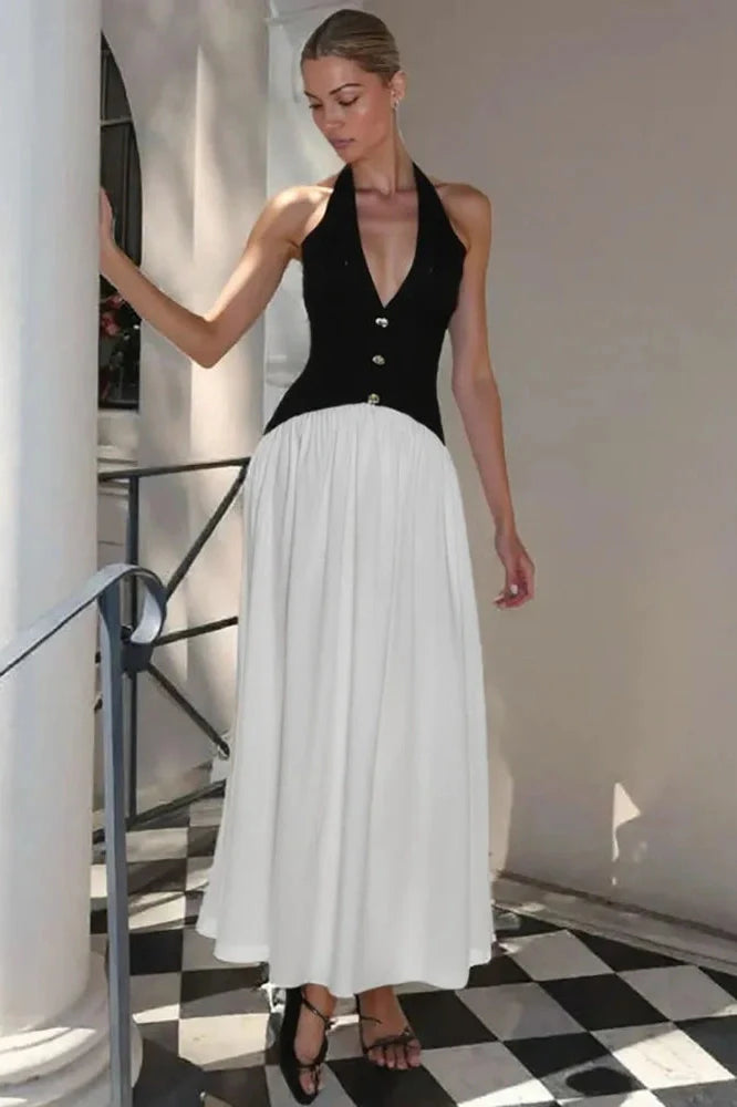 V Neck Backless Patchwork Sleeveless High Waist Maxi Dress