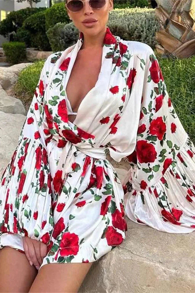 Printed Patchwork Long Sleeve Lace-Up V-Neck Mini Dress