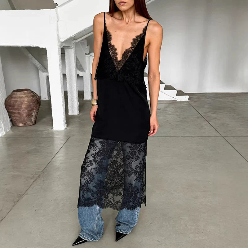 Lace Slit Deep V-Neck Loose Midi Dress