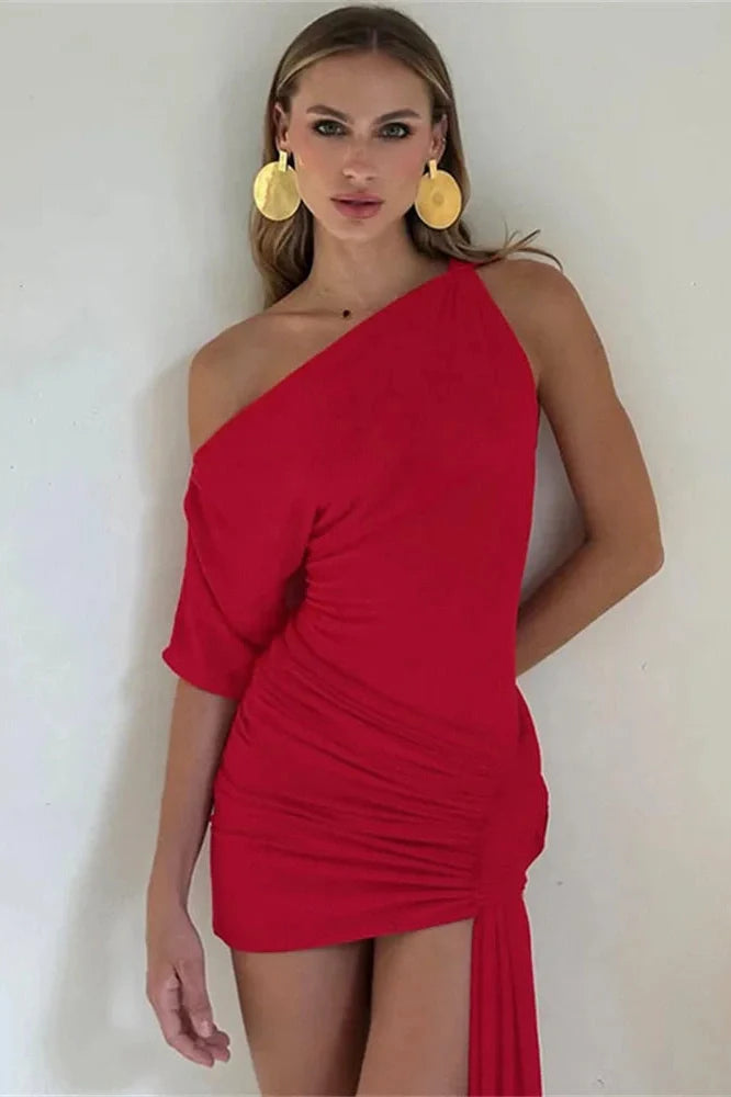One-Shoulder Slim Patchwork Bodycon Mini Dress