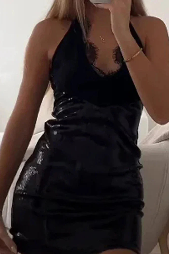 Deep V-Neck Sleeveless Backless Bodycon High Waist Lace Mini Dress